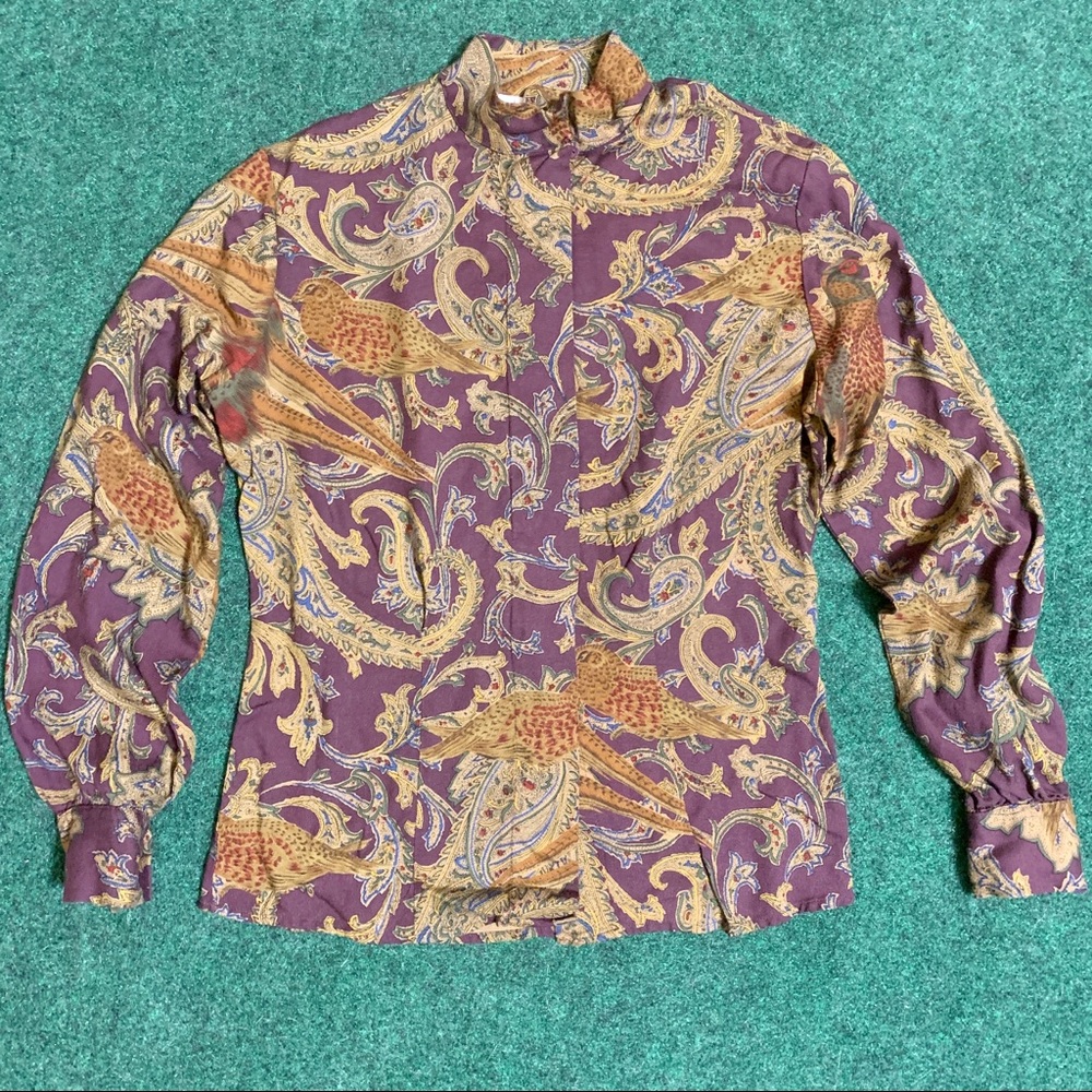 Vintage 70's Paisley Bird Ruffle Collared Blouse